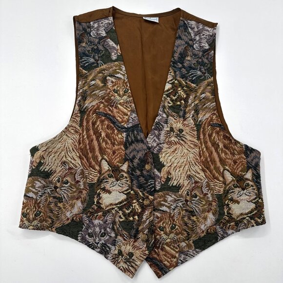 Vintage Backroad Blues Vest Womens Large Tapestry Cats Kittens Country Grandma - Picture 1 of 11